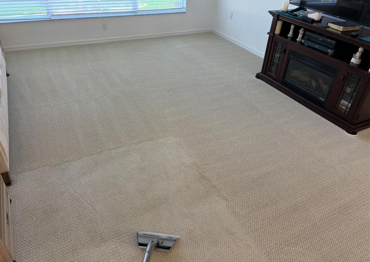 Carpet being cleaned with a machine; beige color, clean patterns. In a room, near a TV cabinet.