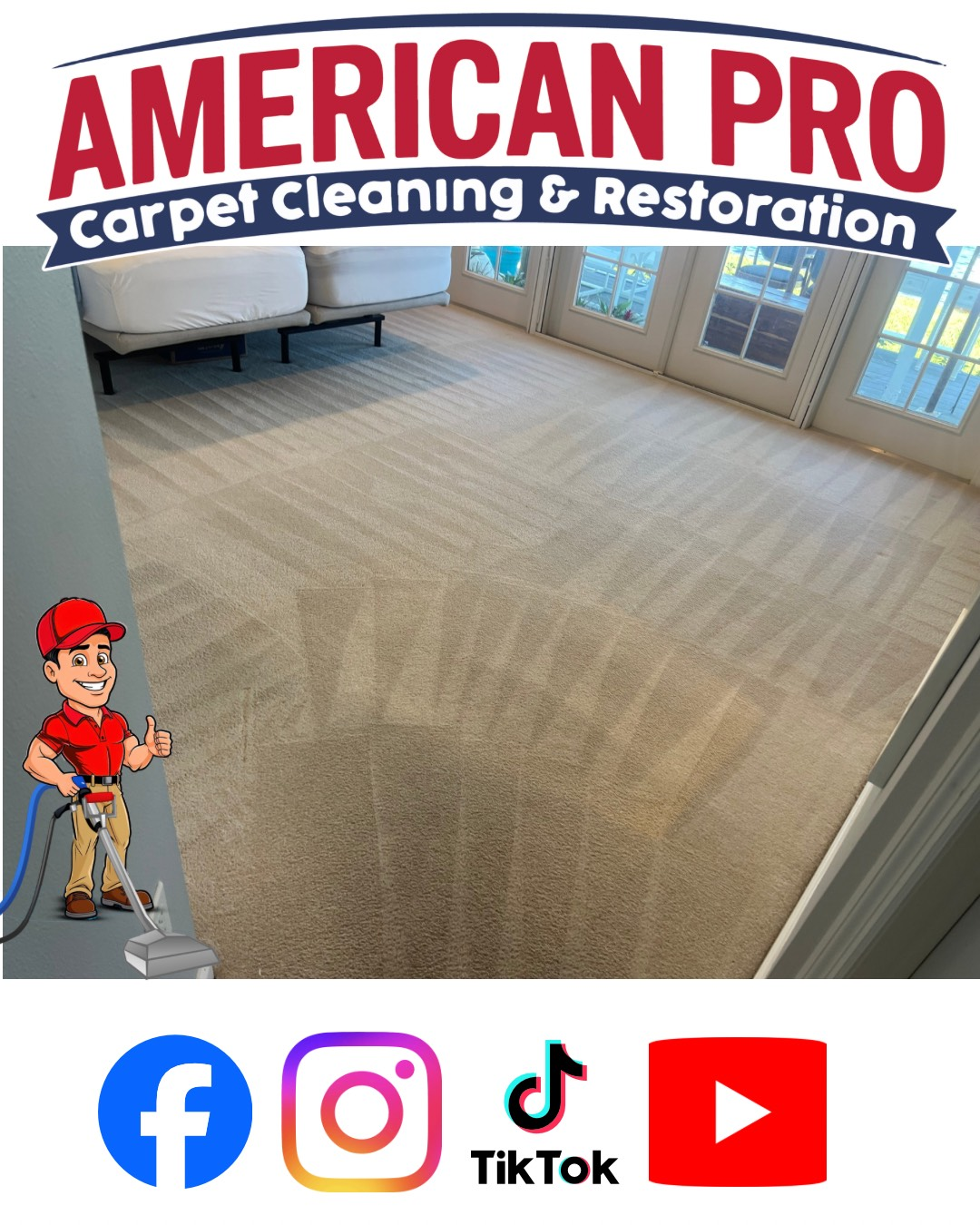Carpet cleaning advertisement: Clean beige carpet. Cartoon character holding cleaning equipment. Social media icons at bottom.