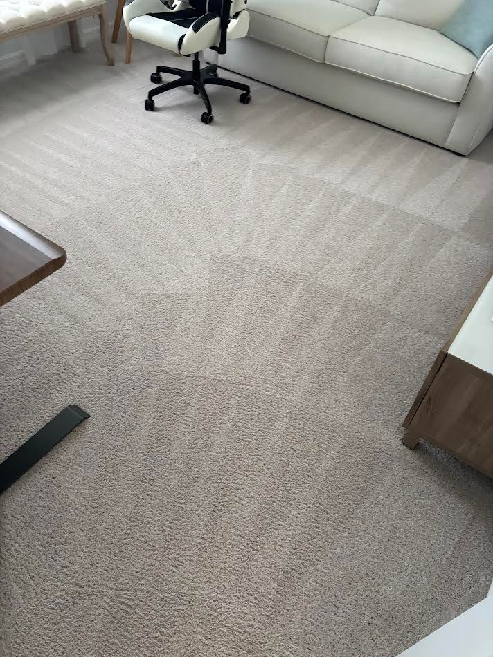 Beige carpet in a living room, furniture including a desk, sofa, and chair on top.
