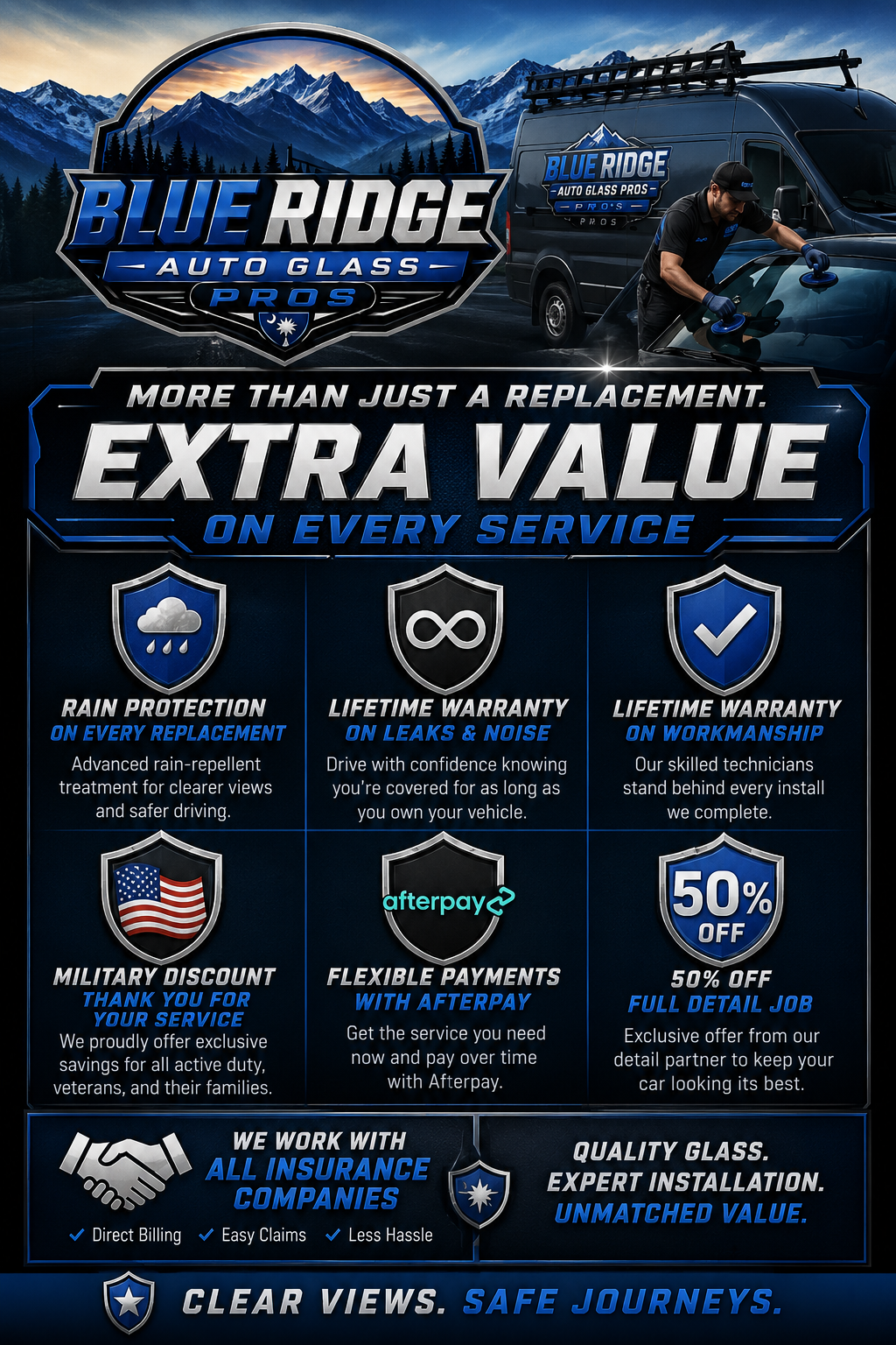 Blue Ridge Auto Glass Pros extra value: rain protection on every replacement, lifetime warranty on leaks, noise and workmanship, military discount, flexible payments with Afterpay, 50% off a full detail, and we work with all insurance companies.
