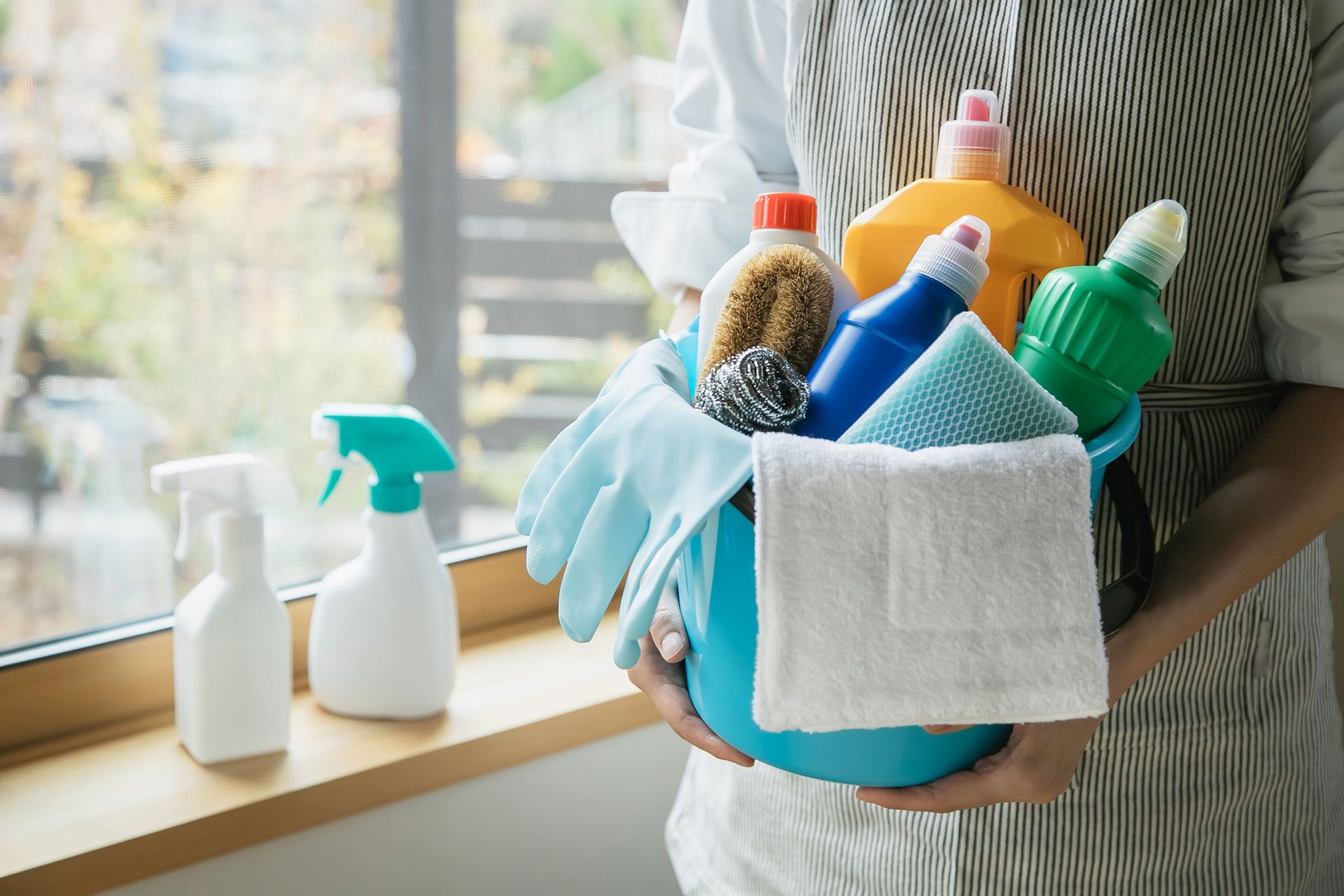 Person holding a cleaning caddy with sprays, brushes, cloths, and gloves by a sunlit window
