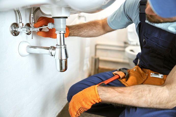 A plumber is fixing a sink in a bathroom.