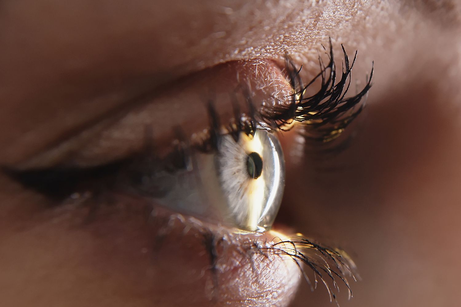 A close up of a woman 's eye with long eyelashes.