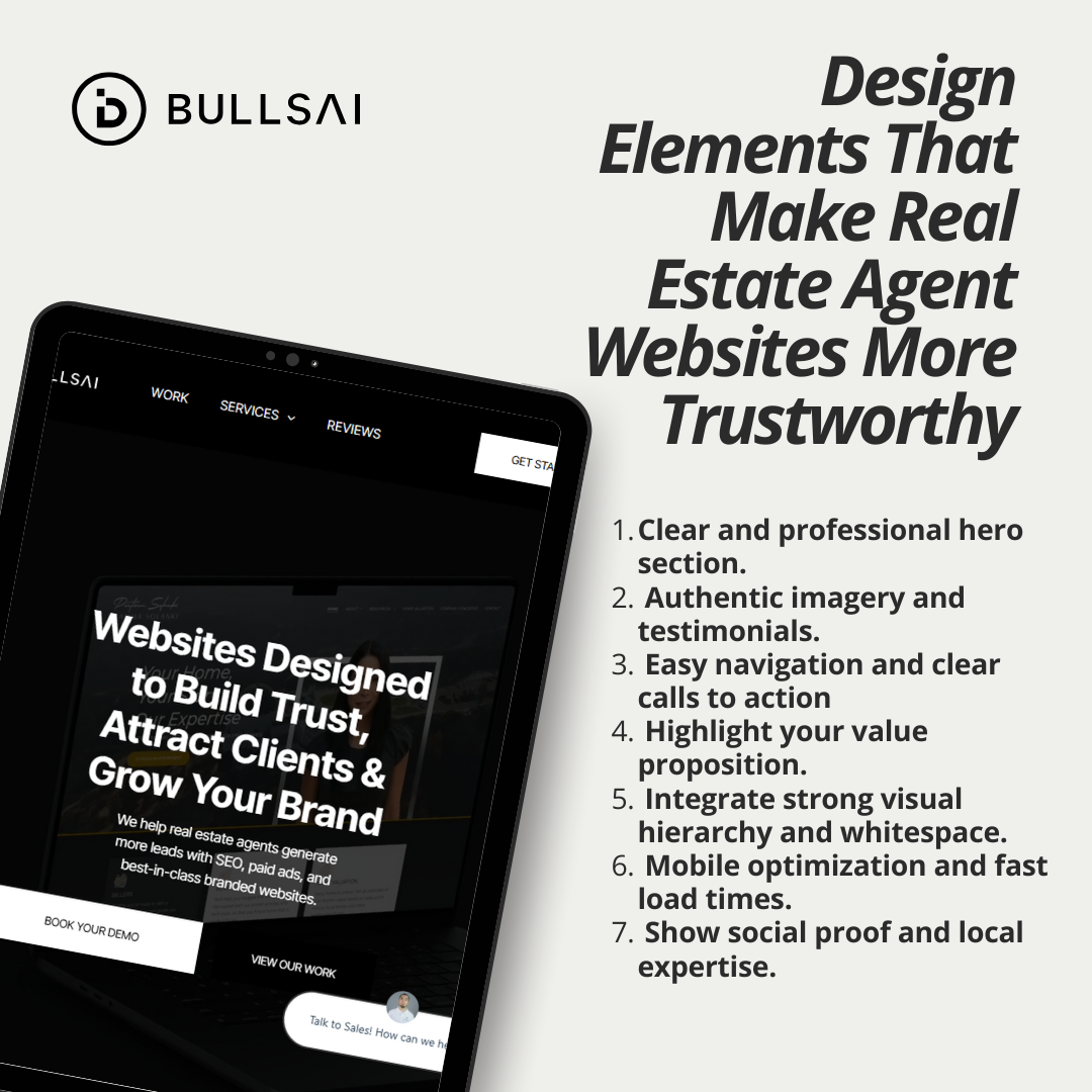 Tablet showing Bullsai website layout tips for real estate agents, listing seven design elements that build trust online.