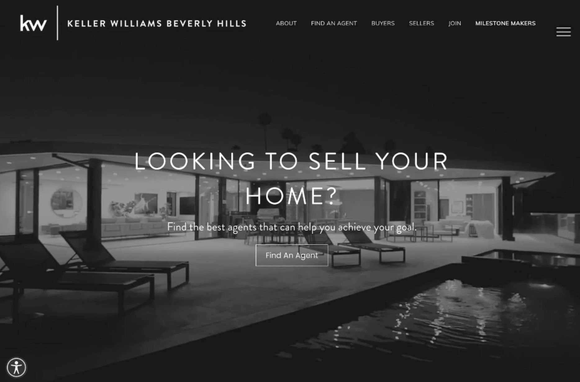 Discover Bullsai's real estate web design: a modern home with a pool, helping sellers find agents to achieve their goals.
