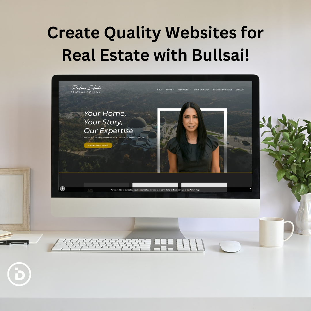 A sleek real estate website on a desktop screen with the text 