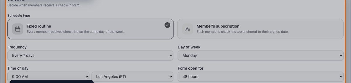 Check-in settings showing schedule type, frequency, day, time, and form window