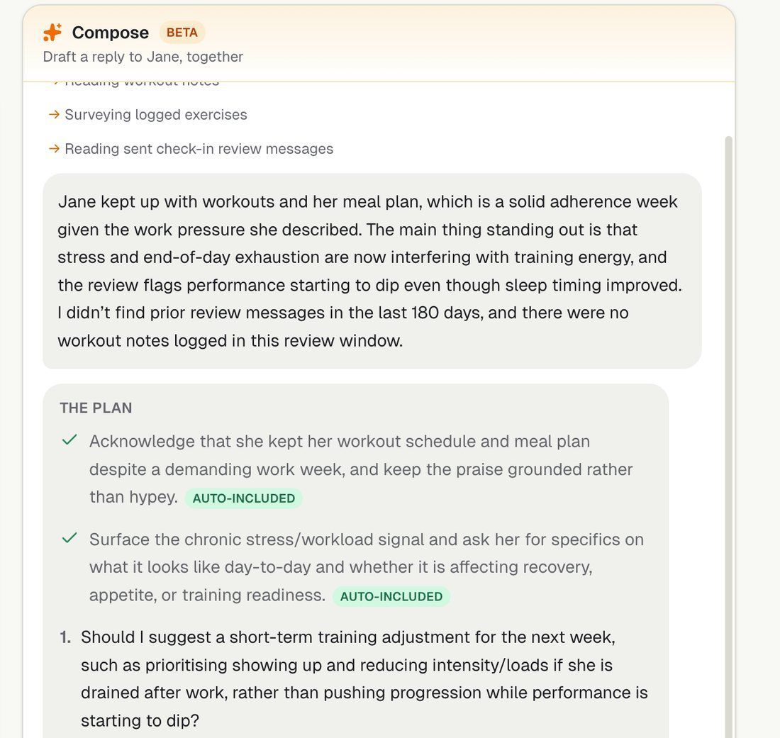 Compose panel showing the plan with Auto-included points and a numbered Yes, No, or Skip question