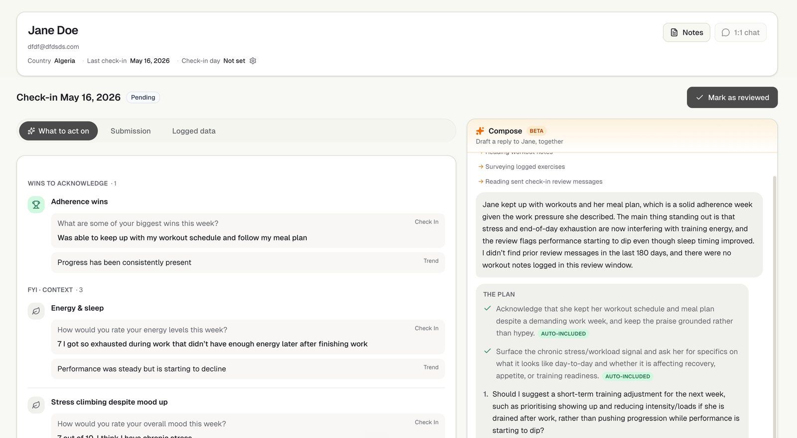 The 1:1 Check-In Agent review workspace, with AI highlights on the left and the Compose panel on the right