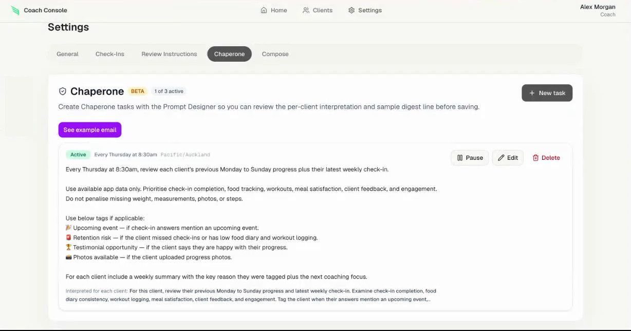 A Chaperone heartbeat written in plain English with an example email preview