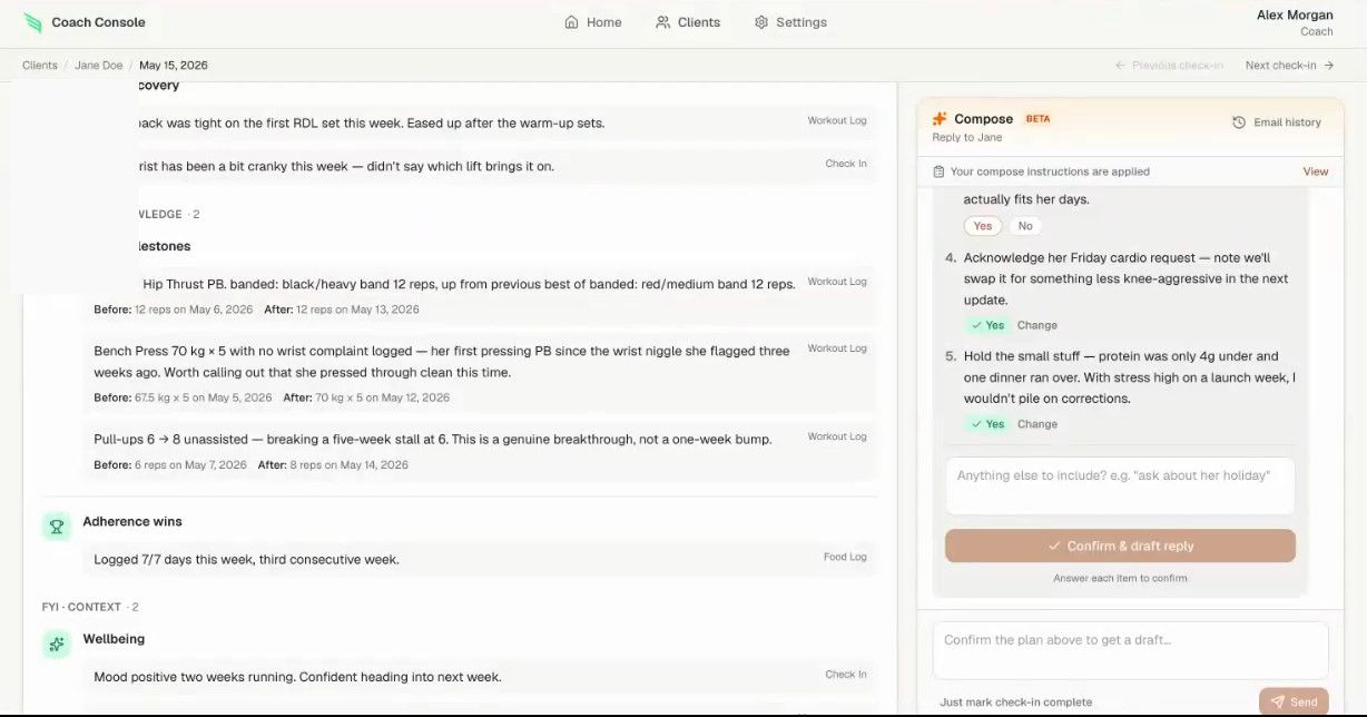 The review: what needs you sorted on the left, each line tagged with where it came from, and the reply drafting on the right