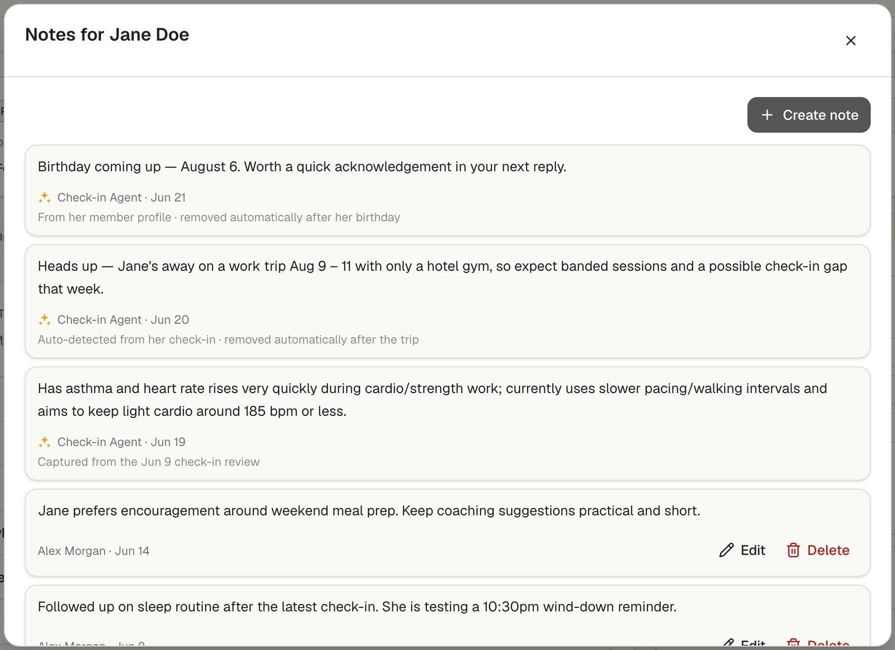 Notes for Jane Doe: agent notes marked with a sparkle, where each one came from, and a line saying it removes itself after the date passes, next to coach notes with edit and delete