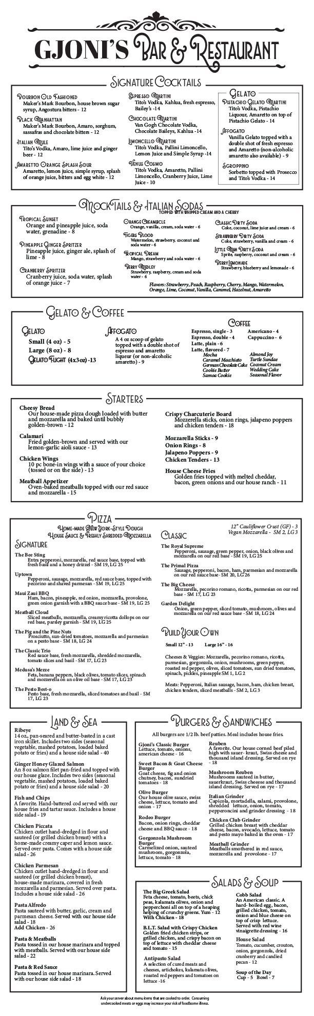 Gjoni's Bar and Restaurant menu