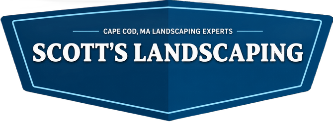 Scott’s Landscaping logo in white on a blue shield, with “Cape Cod Landscaping Experts” above