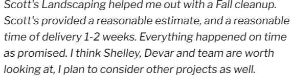 Email text saying Scott’s Landscaping helped with a fall cleanup and gave a two-week delivery estimate.