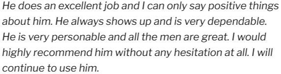 Review text praising someone as excellent, reliable, and highly recommended to use again