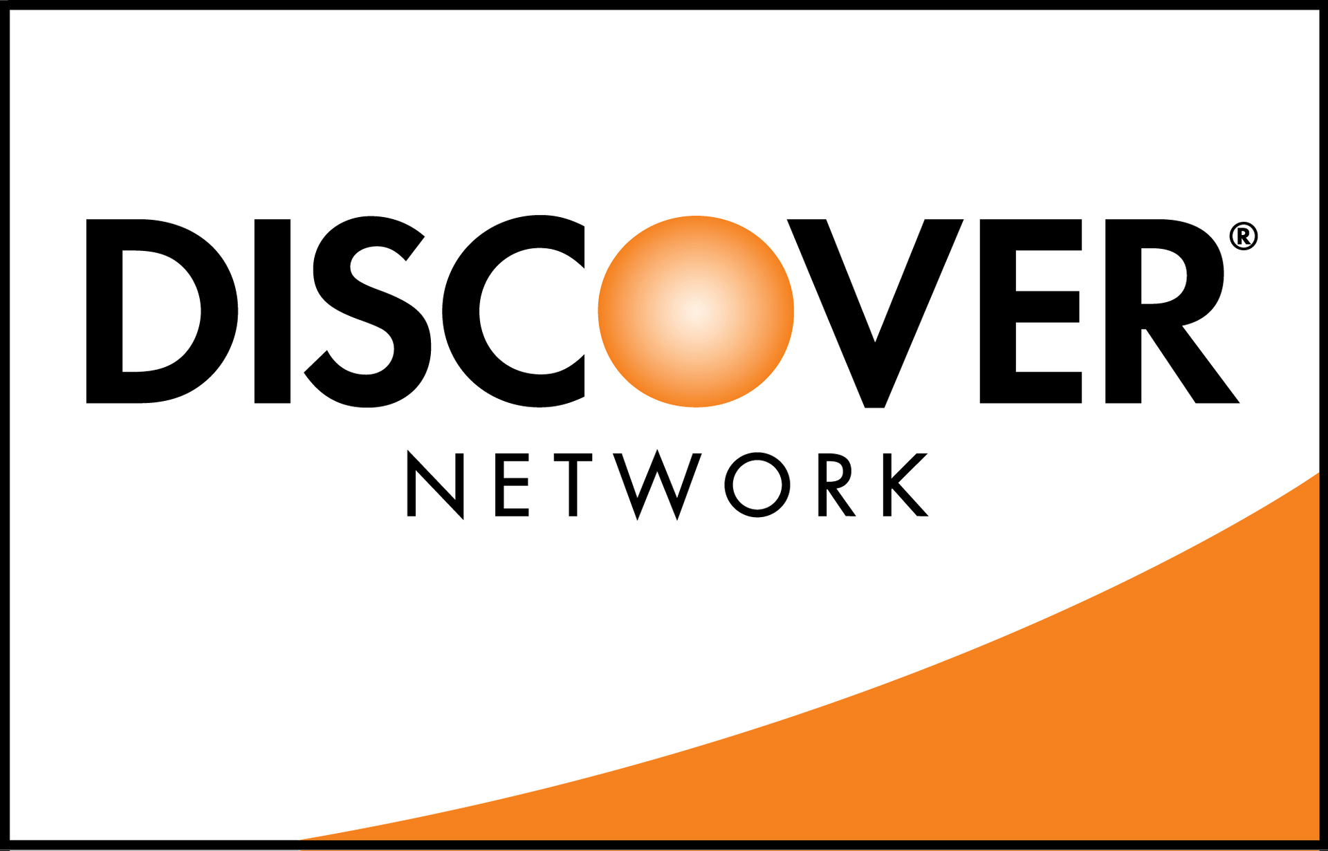 Discover Network logo in black and orange with a curved orange corner banner.