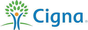 Cigna logo: Tree with an orange figure at the center, blue text.