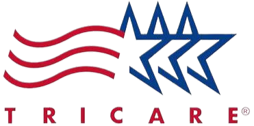 TRICARE logo: red wavy lines with blue stars and text, representing healthcare services.
