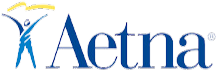 Aetna logo with blue figure raising arms and yellow arc above, and the word 