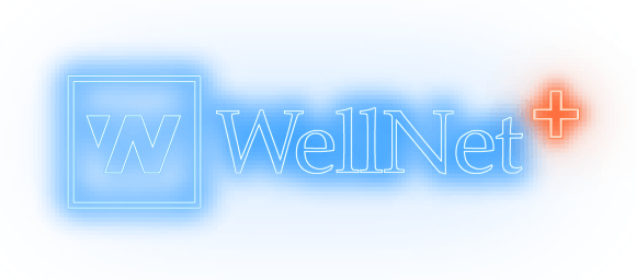 WellNet logo: blue neon text and a plus, with a square 
