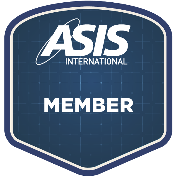 ASIS International member badge, blue and white, with logo and text 