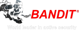Logo di sicurezza BANDIT con figura mascherata in bianco e nero e testo rosso su sfondo bianco.