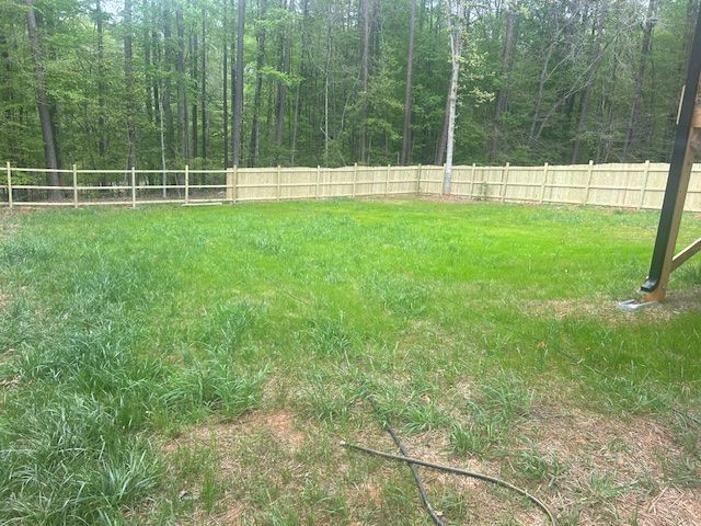 A grassy backyard with a light-colored wooden fence bordering a dense forest in the background.