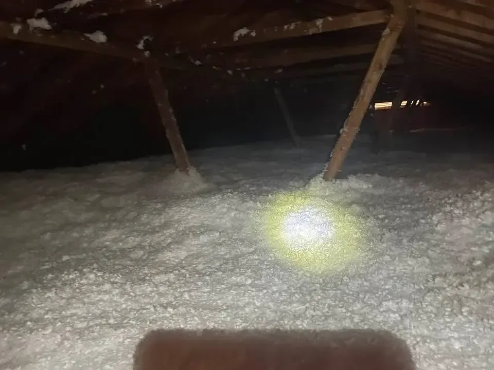 Attic filled with white insulation; wooden beams visible. Spotlight shines brightly on the floor.