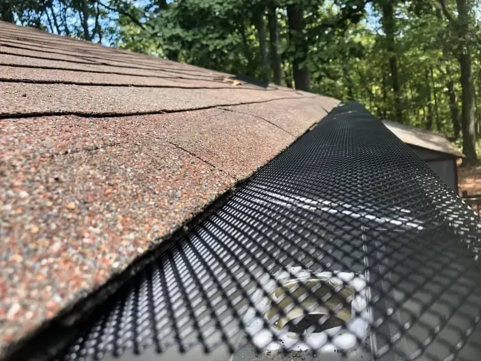 Close-up of a roof with brown shingles and a black mesh gutter guard, set against a blurred green forest.
