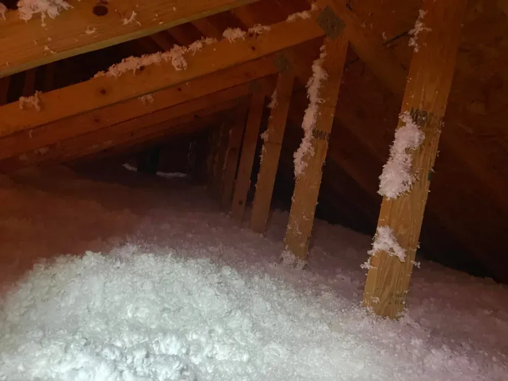 Attic space with wooden beams and white insulation covering the floor.
