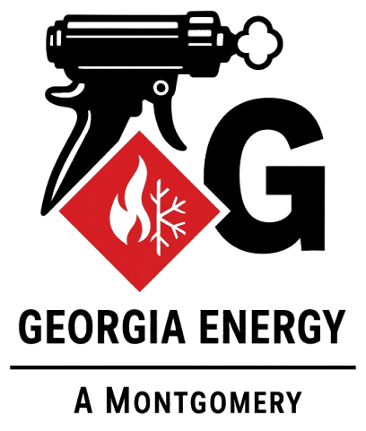 Logo for Georgia Energy, a Montgomery company, with a spray gun, fire/snowflake, and letter