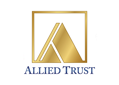 A logo for allied trust with a gold triangle in a square