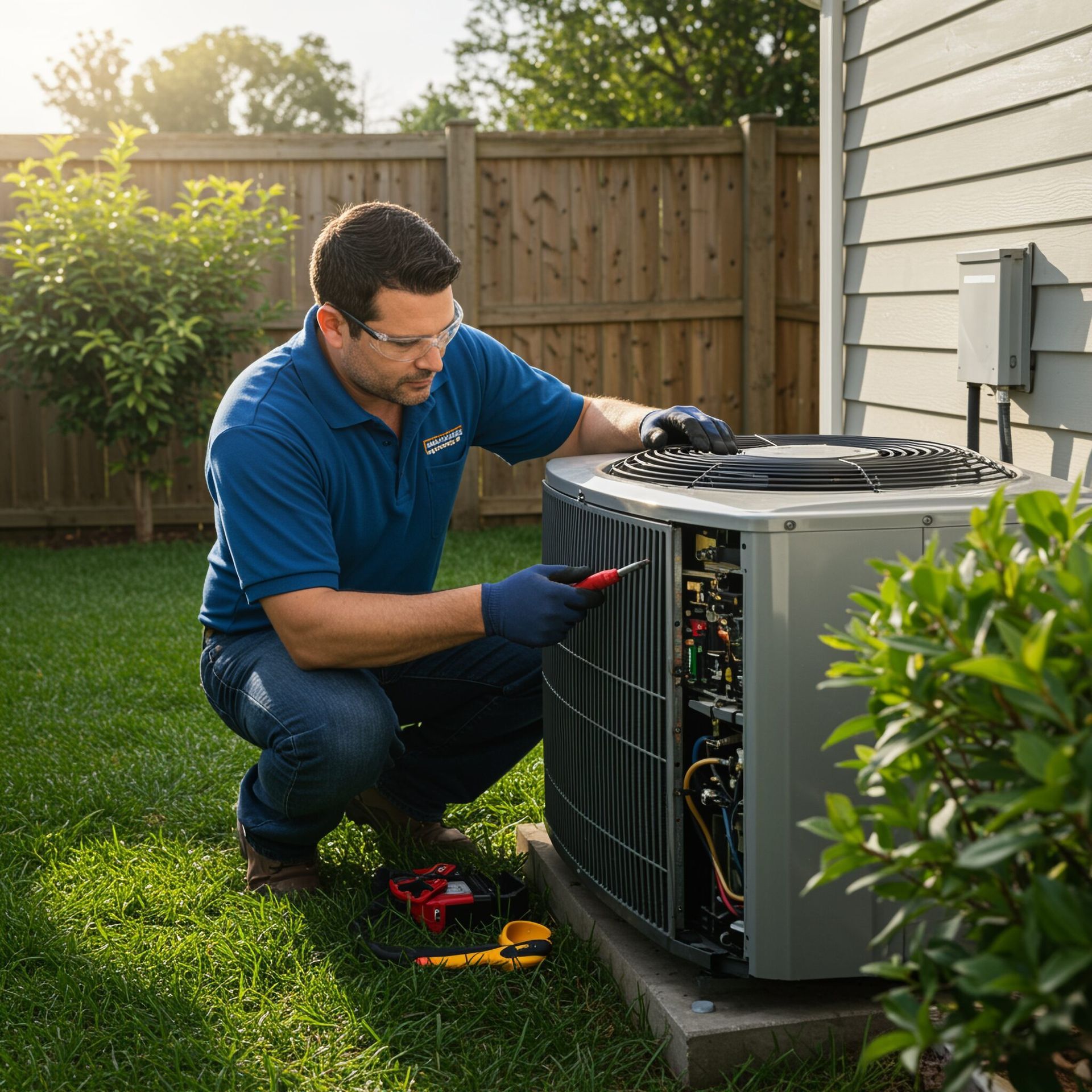 Technician servicing an outdoor air conditioner unit beside a house, with tools on the grass.