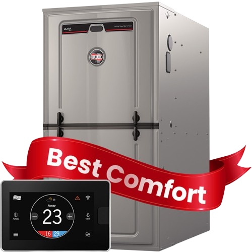 Gray HVAC cabinet with digital thermostat display and red “Best Comfort” ribbon