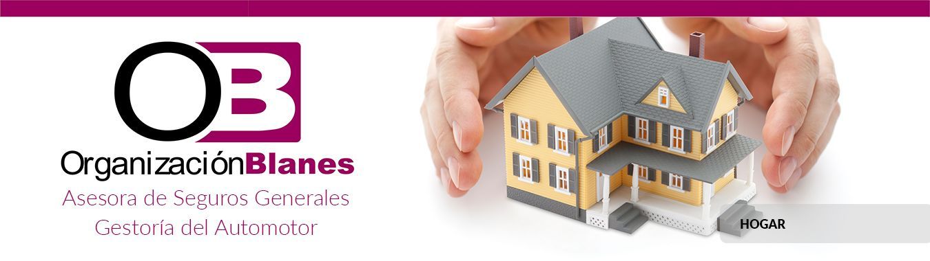 Logotipo de Organización Blanes con una casa sostenida entre dos manos, que simboliza el seguro de propiedad y la protección.