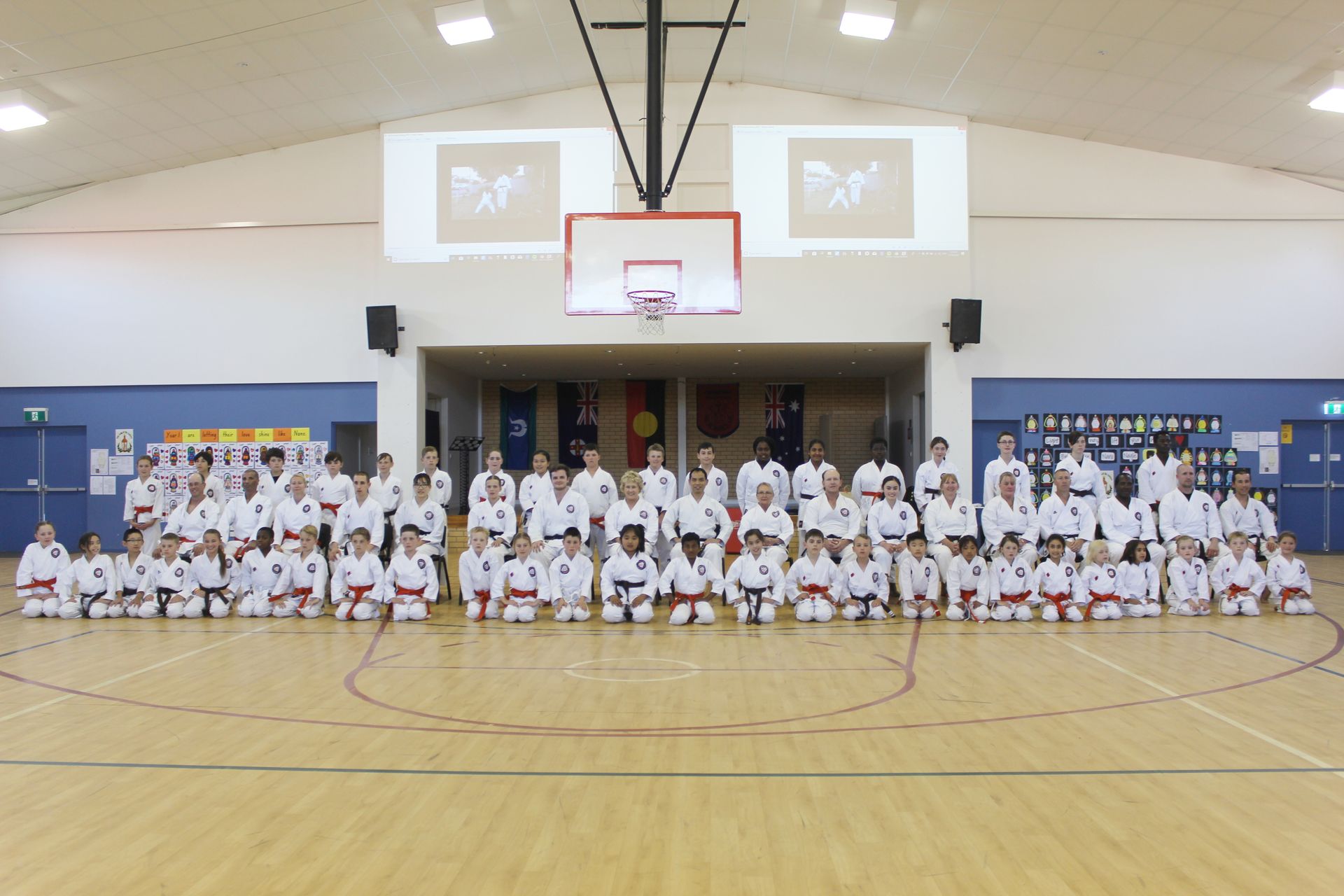 Large karate group photo in a gymnasium, with students in white uniforms lined up beneath a basketball hoop.