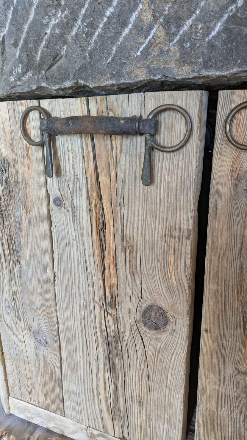 Porte in legno con maniglia e cerniere in metallo.