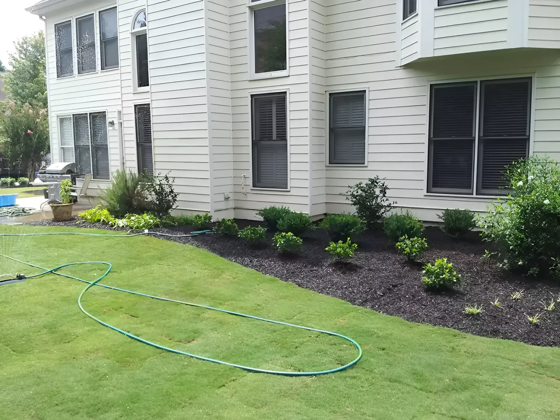 White house exterior with manicured lawn, mulched shrubs, and a green garden hose on the grass