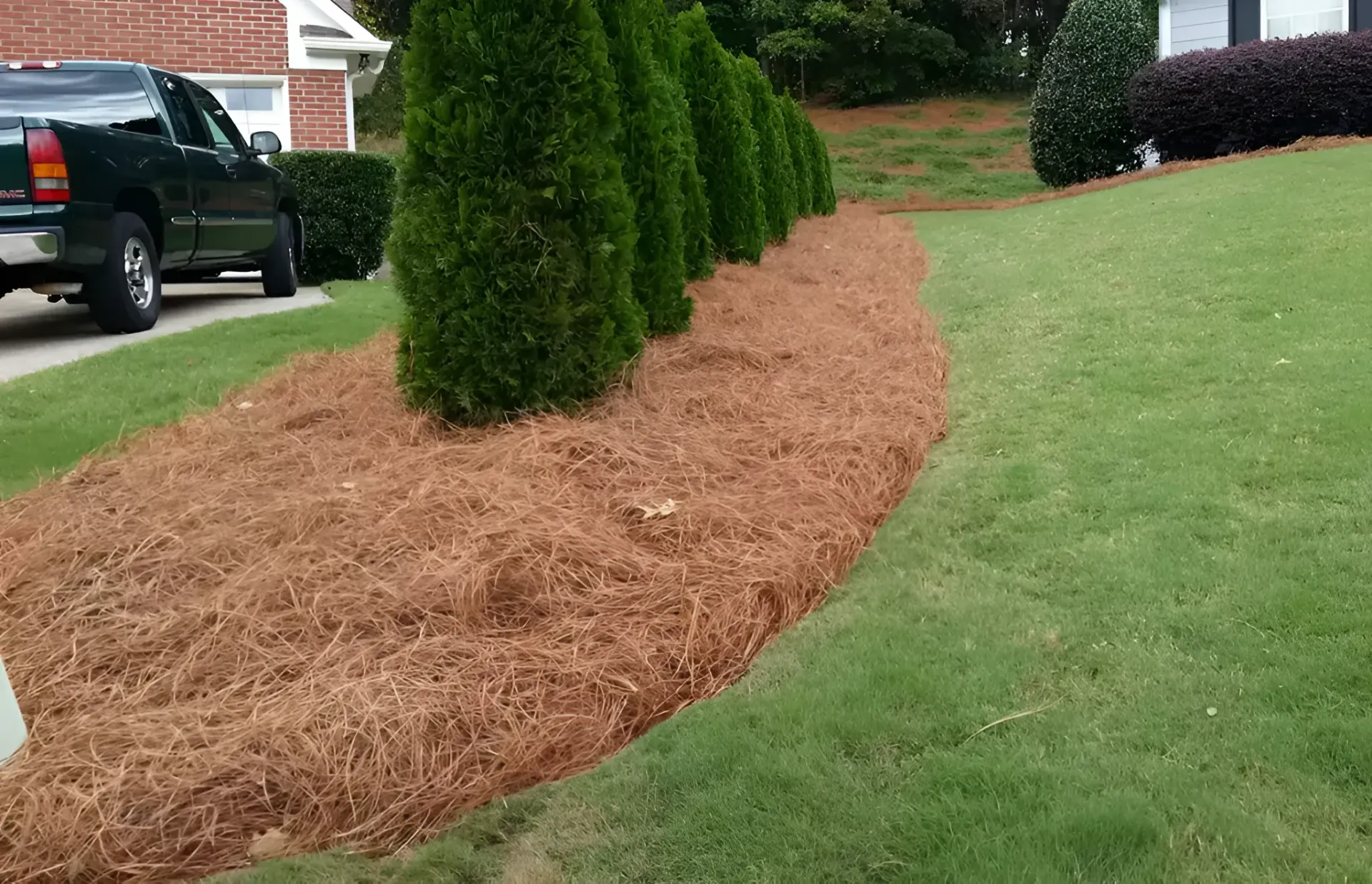 Front yard with curved mulch bed, trimmed evergreen shrubs, and green lawn beside a driveway
