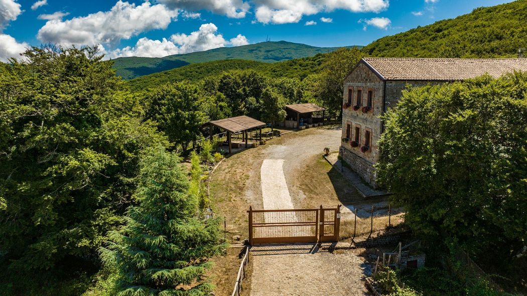 Casa in pietra su una strada di campagna tortuosa, circondata da alberi rigogliosi e colline sotto un cielo azzurro e terso.