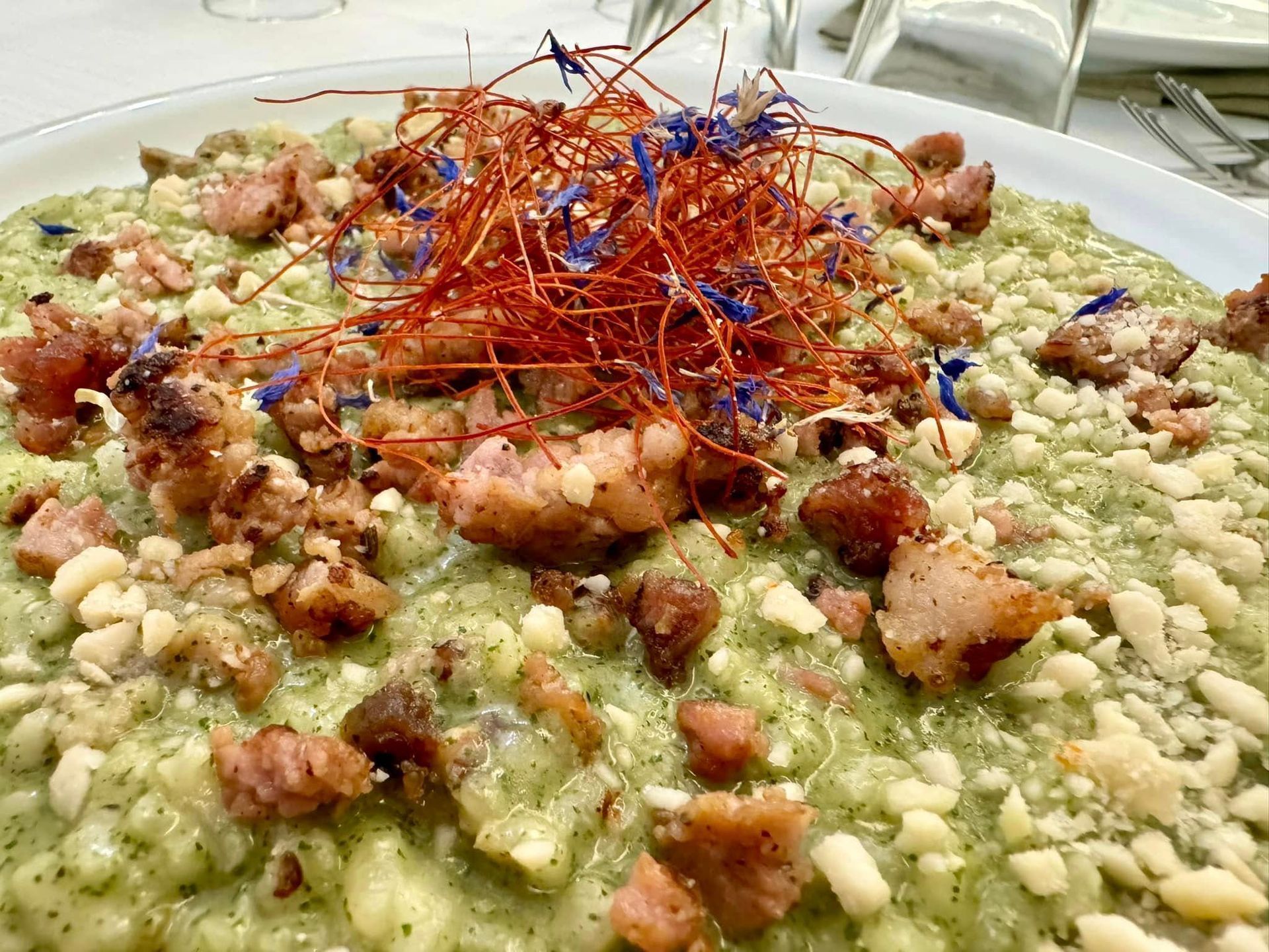 Piatto gourmet impiattato con salsa verde, frutta secca tritata e una guarnizione croccante rossa sopra