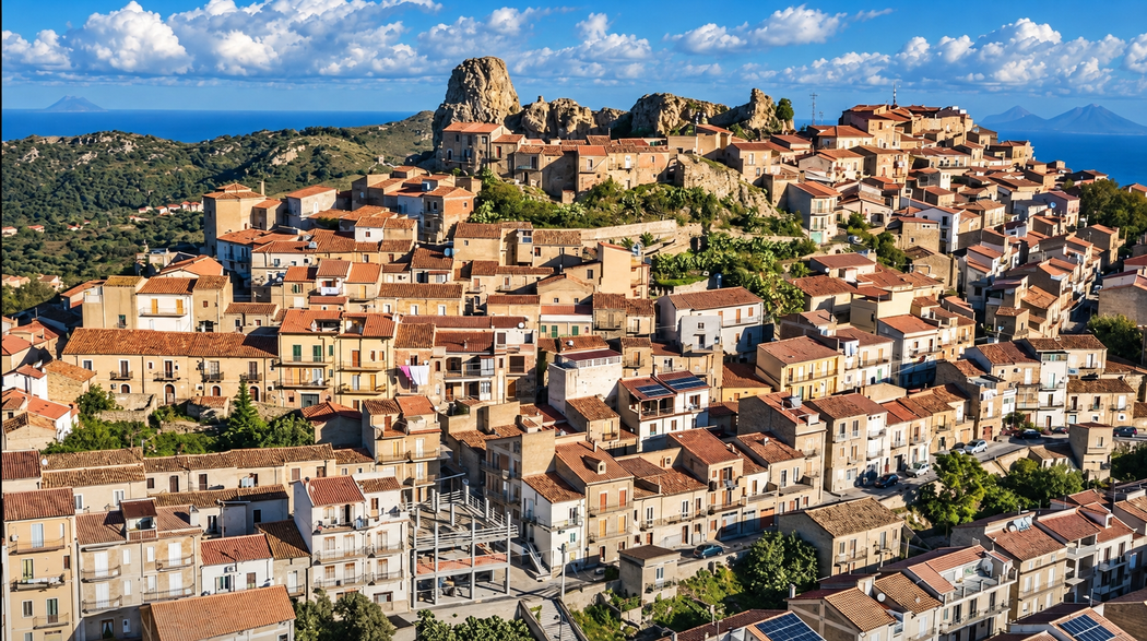 Paesino soleggiato arroccato su una collina, con case dai tetti in terracotta ai piedi di scogliere rocciose e sotto un cielo azzurro