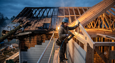 Fire-damaged house with three workers in safety vests inspecting the front porch and debris.
