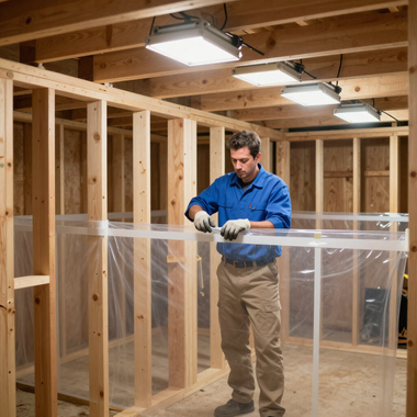 Man in blue shirt installing clear plastic sheeting in a wood-framed basement under construction