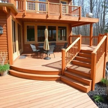 Wooden cabin deck with curved steps, railing, and a patio umbrella in bright sunlight