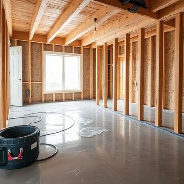 Unfinished room with exposed wood framing, window light, and cleaning equipment on the floor