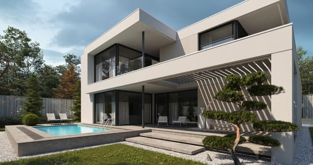 A modern house with a swimming pool in the backyard.