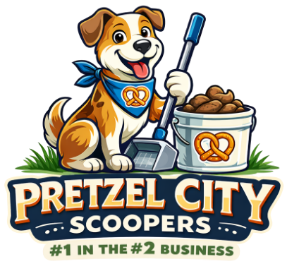 A cartoon dog with a pretzel bandana holding a scooper next to a bucket of pet waste. Logo for "Pretzel City Scoopers."