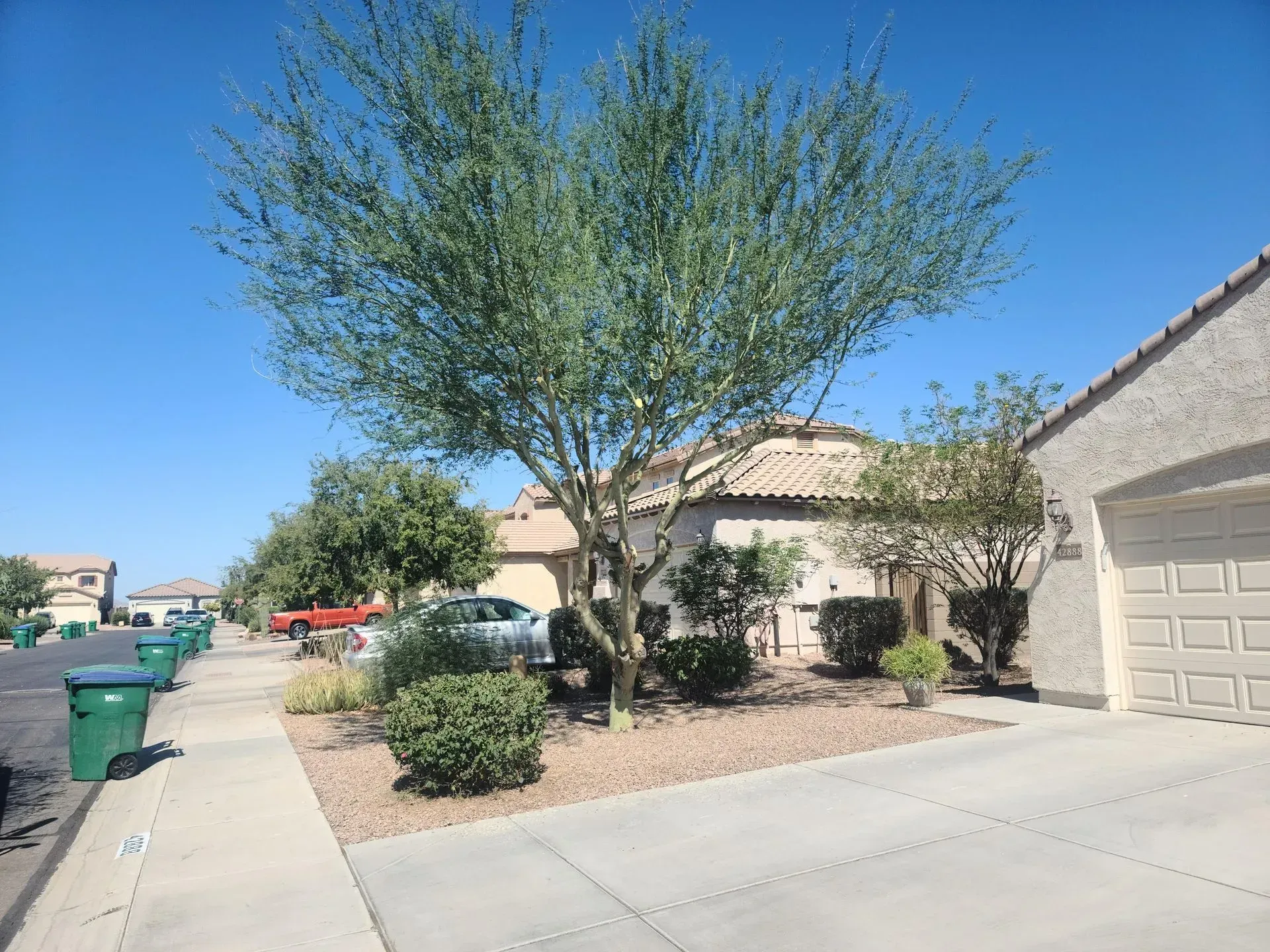 Suburban house with driveway, garage, tree, and sidewalk on a sunny day